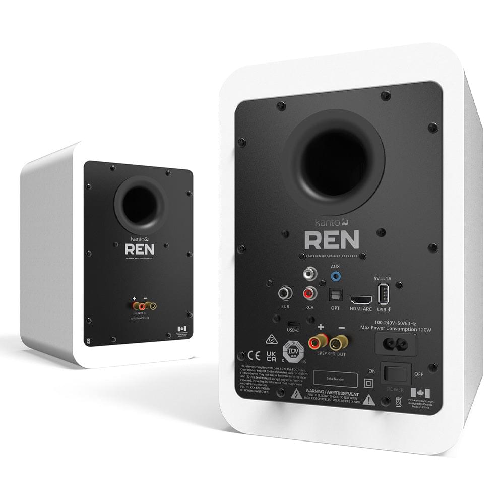 Matte white bookshelf speakers with rear input panels and connector ports visible
