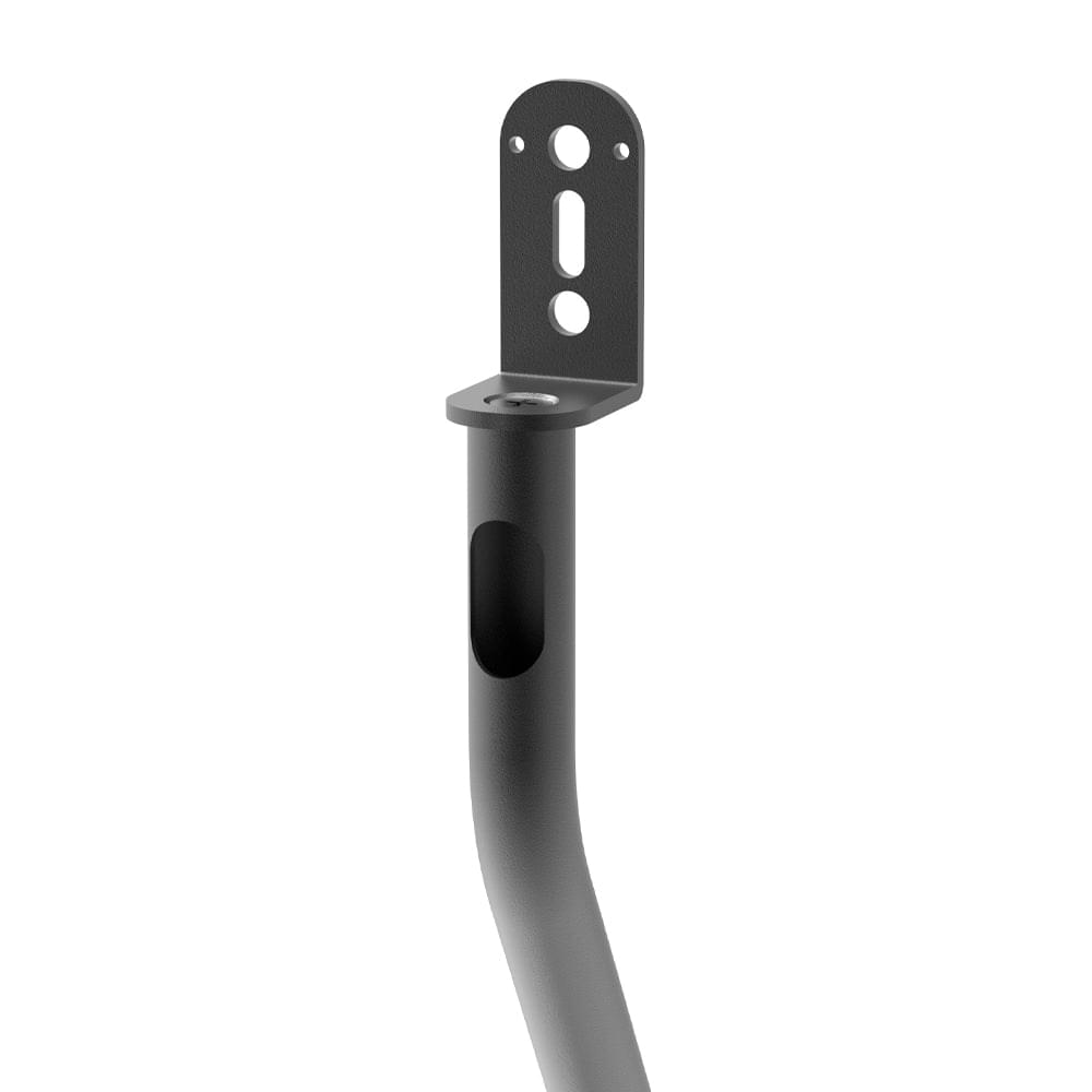 Black height-adjustable speaker stand with round base and mounting bracket