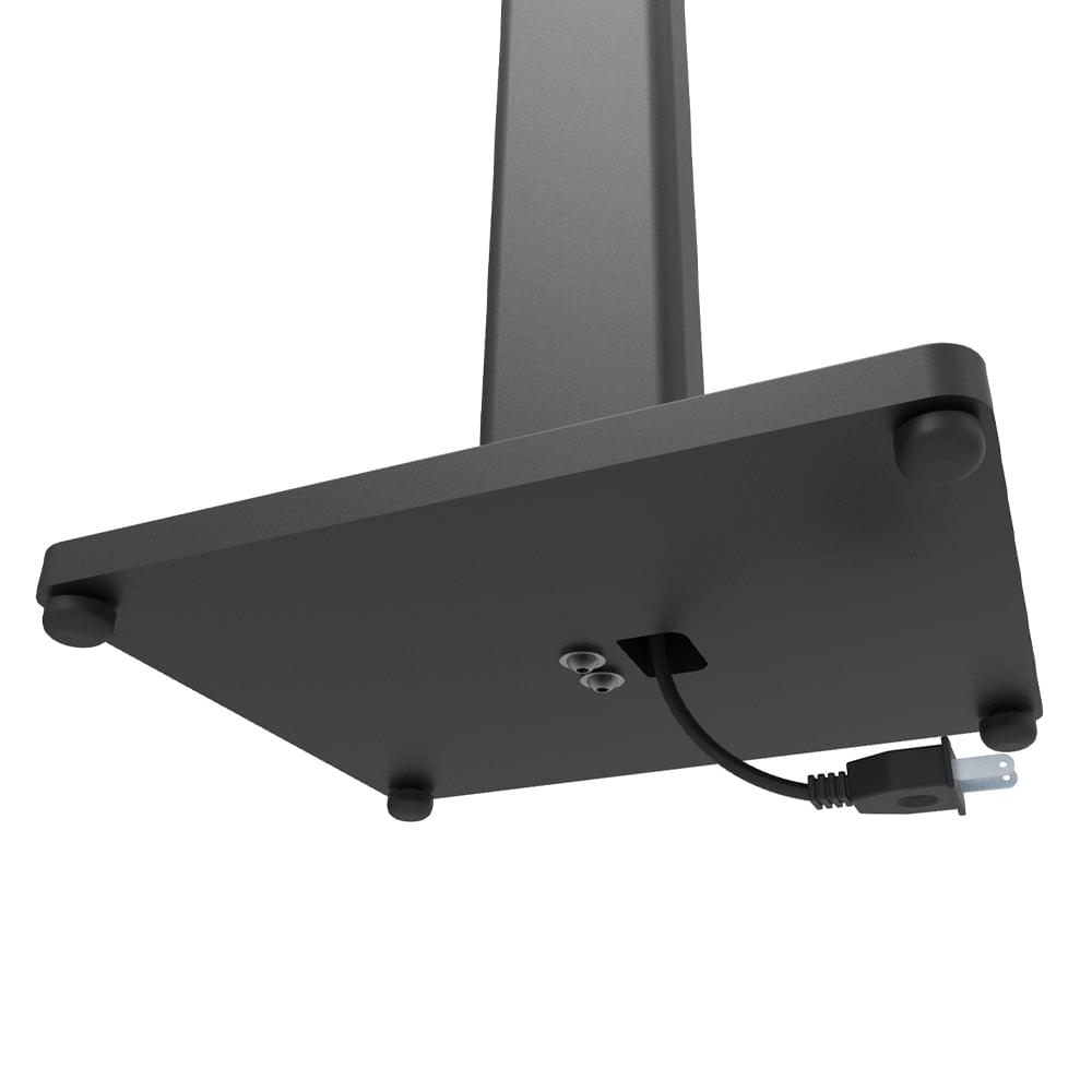 Black speaker stand with underside mounting plate and attached cable