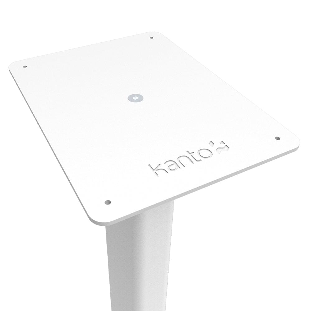 White speaker floor stand top plate with Kanto logo and screw holes