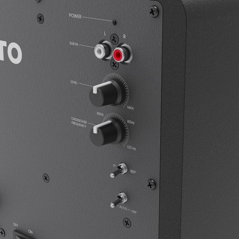Matte black powered subwoofer rear control panel with knobs and input connectors