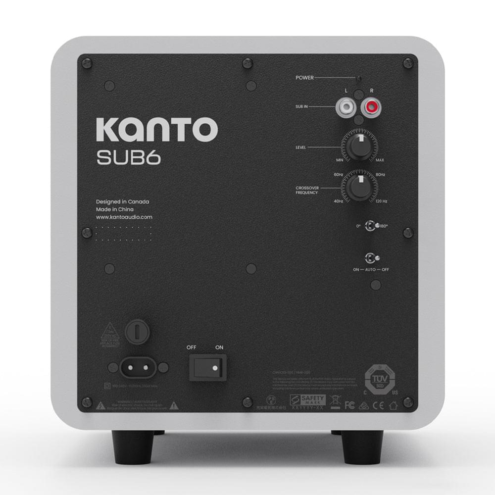 Kanto SUB8 rear panel of matte white powered subwoofer with input controls