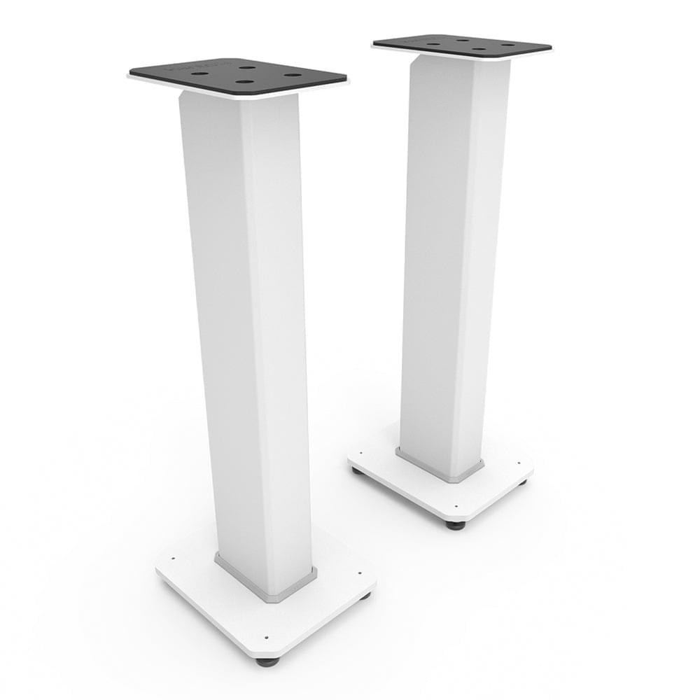 Set of two white speaker stands with mounting plates and squared isolation bases