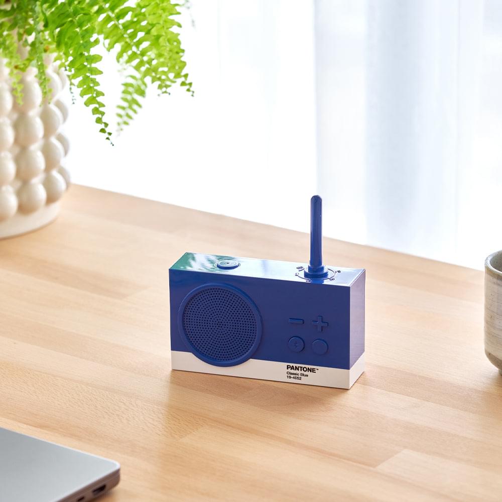 Classic Blue portable FM radio and Bluetooth speaker, front grille and antenna