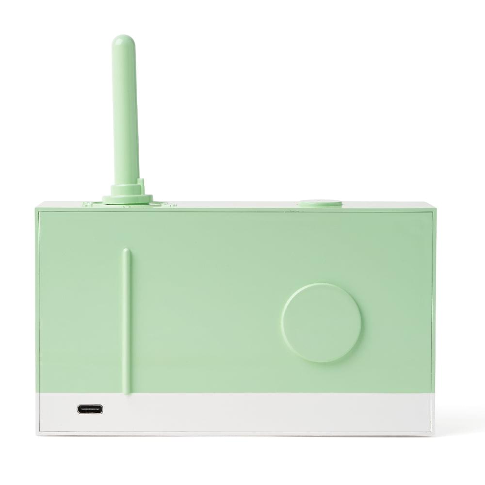 Green portable FM & Bluetooth speaker with antenna, circular control and side USB port