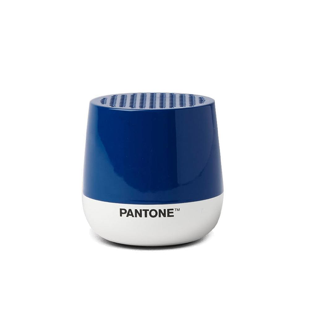 Blue-and-white portable speaker with perforated top grille