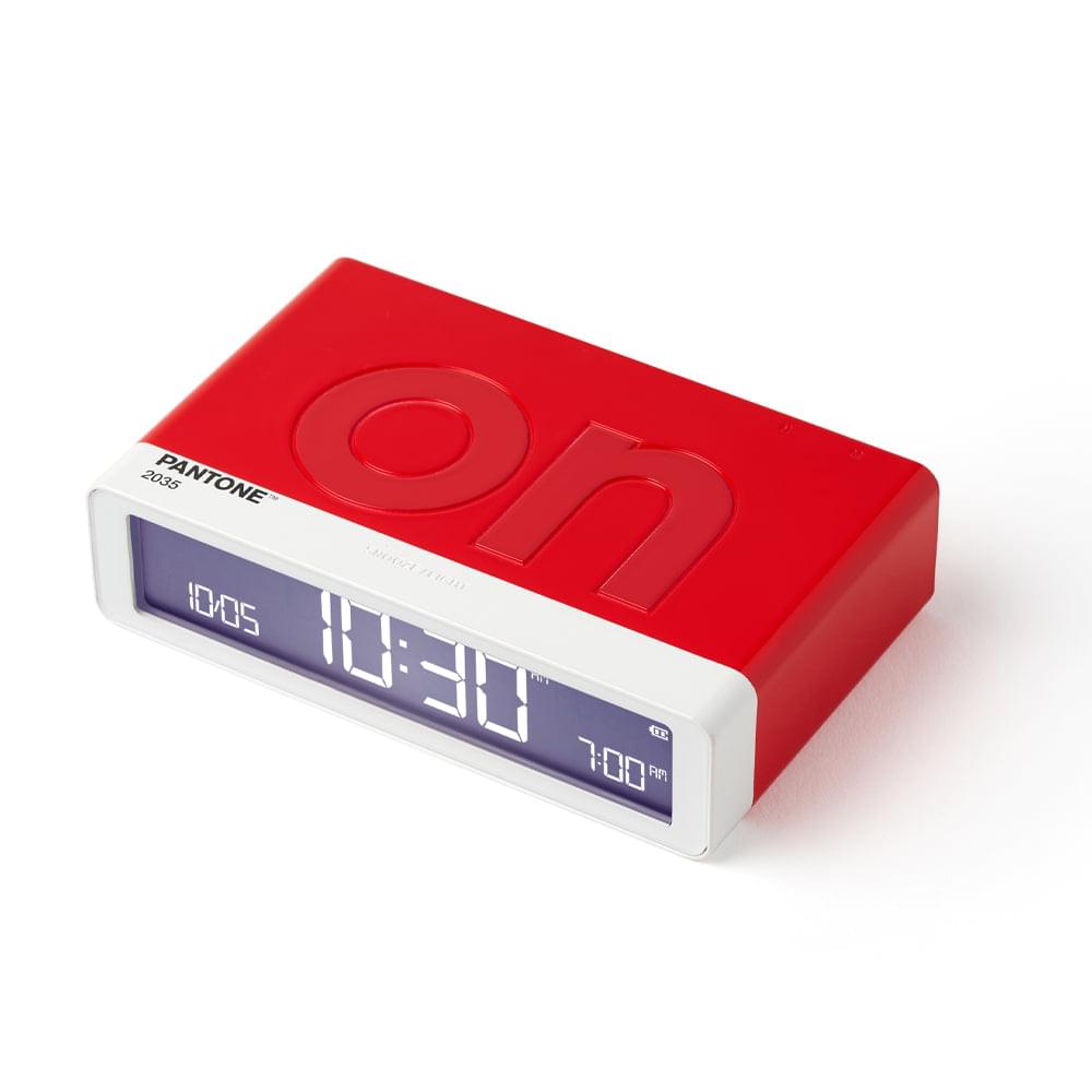 Red PANTONE clock speaker with digital display and top control panel