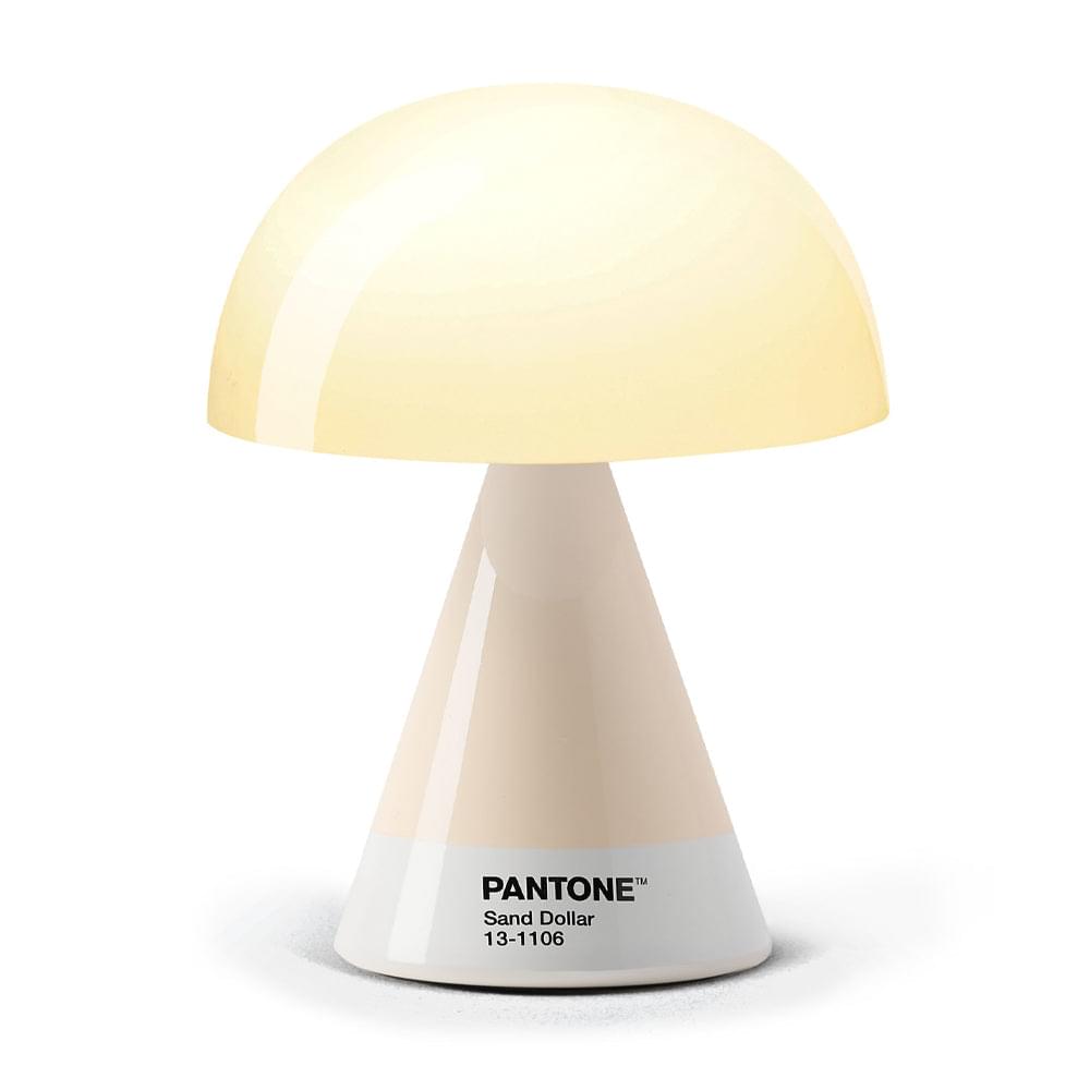 Sand table lamp with rounded dome shade and PANTONE Sand Dollar 13-1106 label