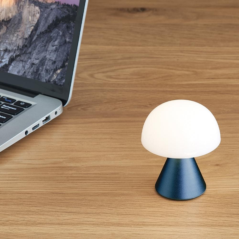 Mini LED lamp with white dome shade and dark blue conical base