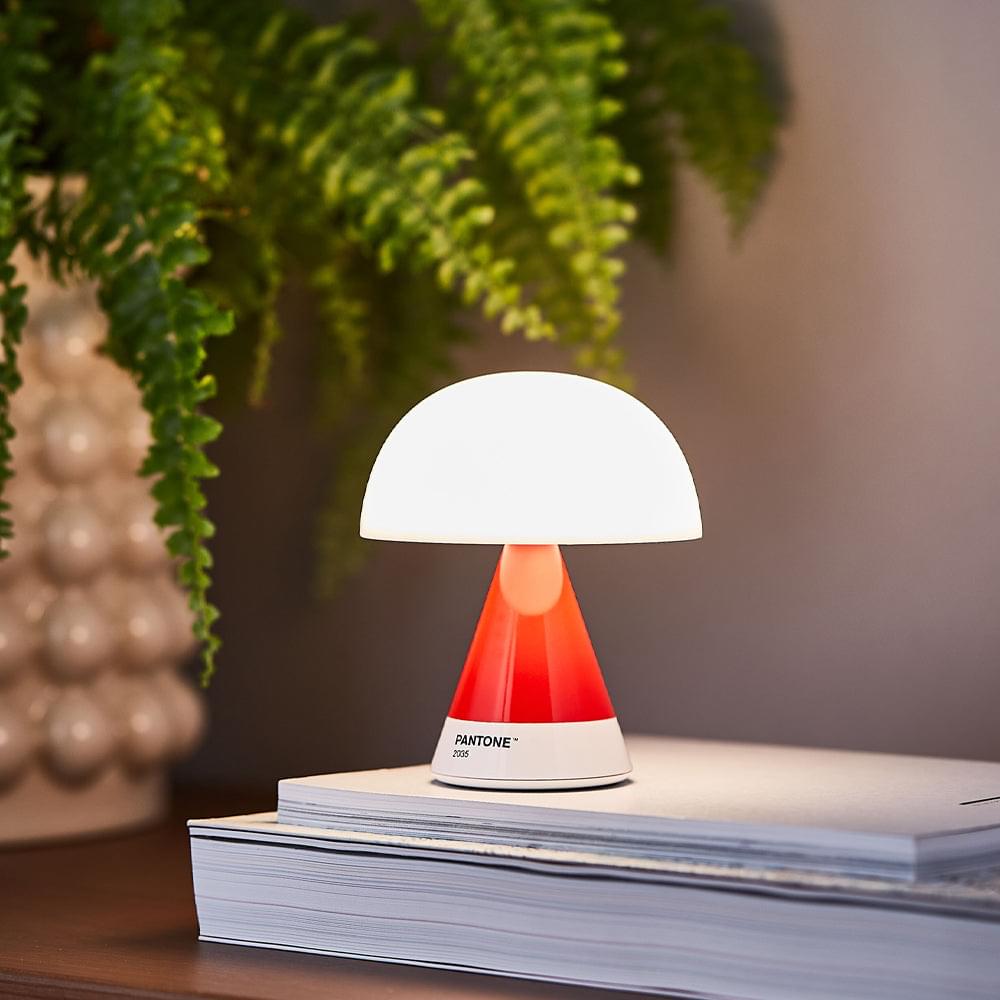 Portable LED lamp with warm glow, red stem and white dome shade