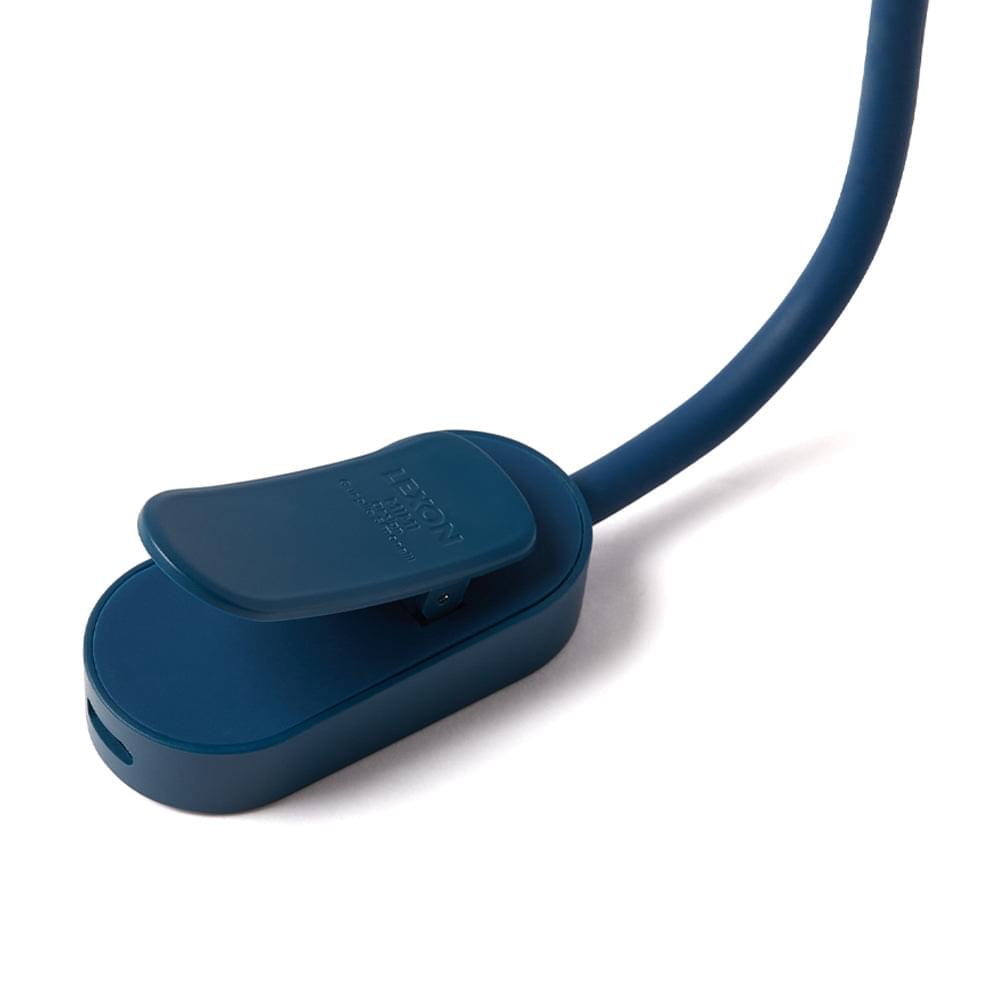 Dark blue flexible LED lamp control module on cord with curved neck