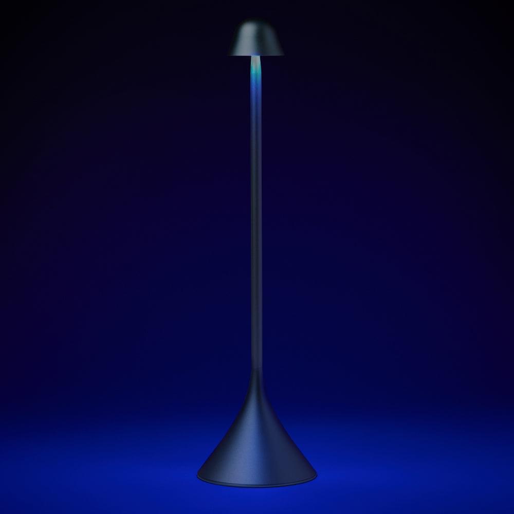 Blue glowing table lamp with slim stem and bell-shaped shade