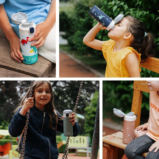 Insulated kids bottle with navy wolf graphic and flip spout