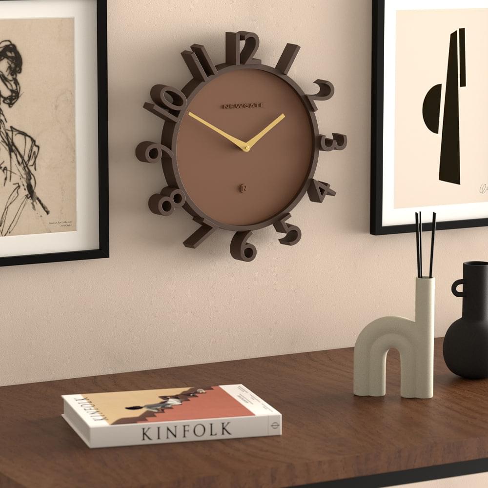 Newgate Monorail wall clock with brown dial and yellow hour and minute hands