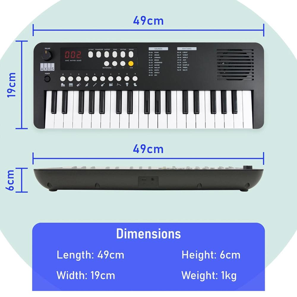 Black mini keyboard with front and back view and size measurements