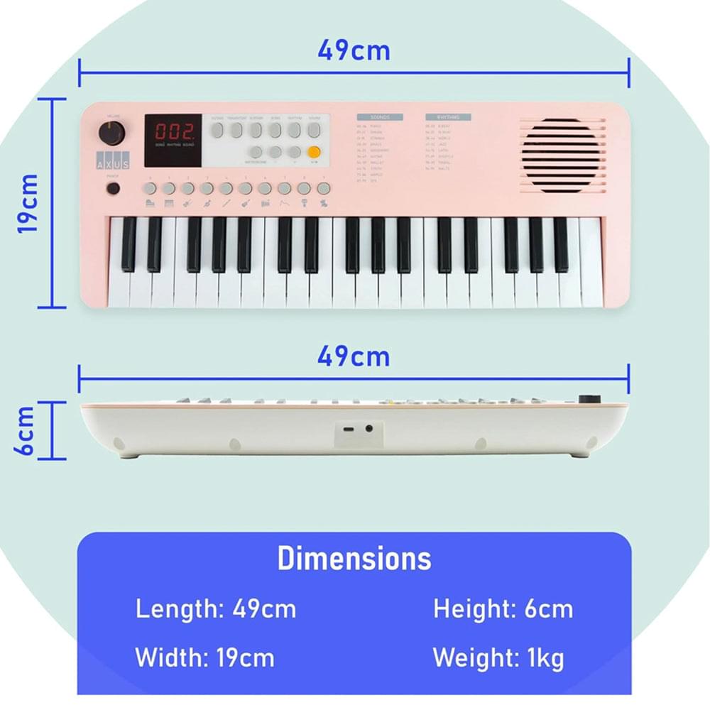 Pink 37-key mini keyboard showing front and back views with dimension layout