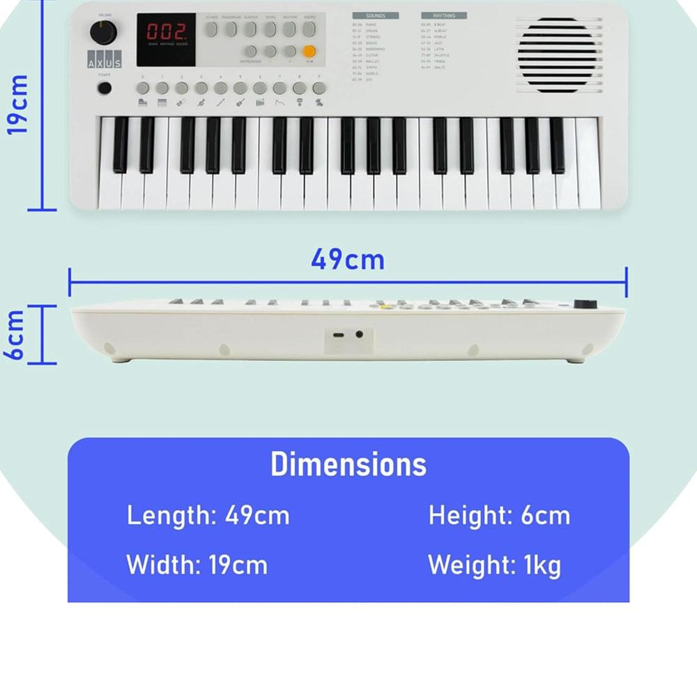 White 37-key mini keyboard with black keys, controls, and speaker grille; length 49cm