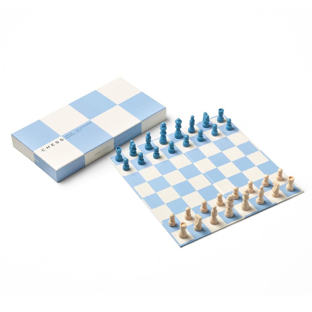 Chess game set with checkered board and blue and white chess pieces, plus boxed cover