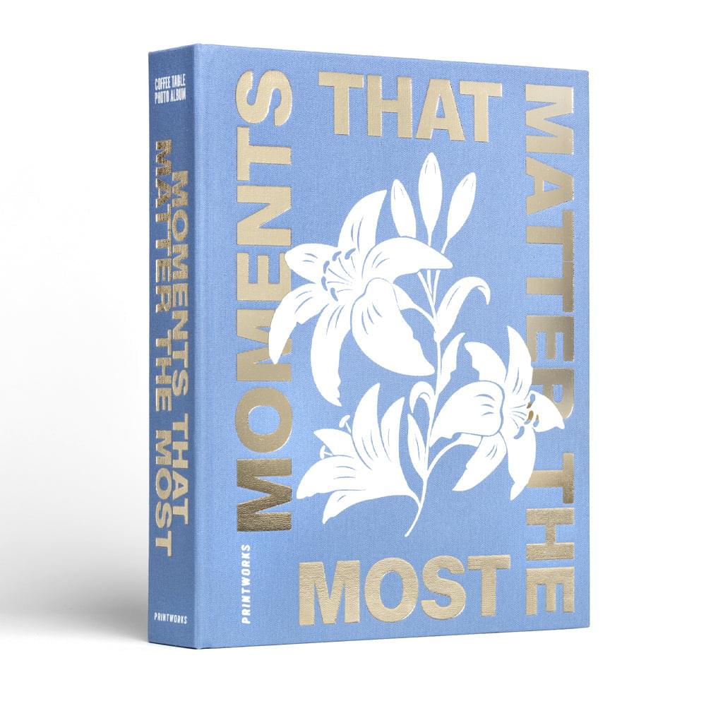 Blue Printworks photo album with white floral bird cover and gold spine text