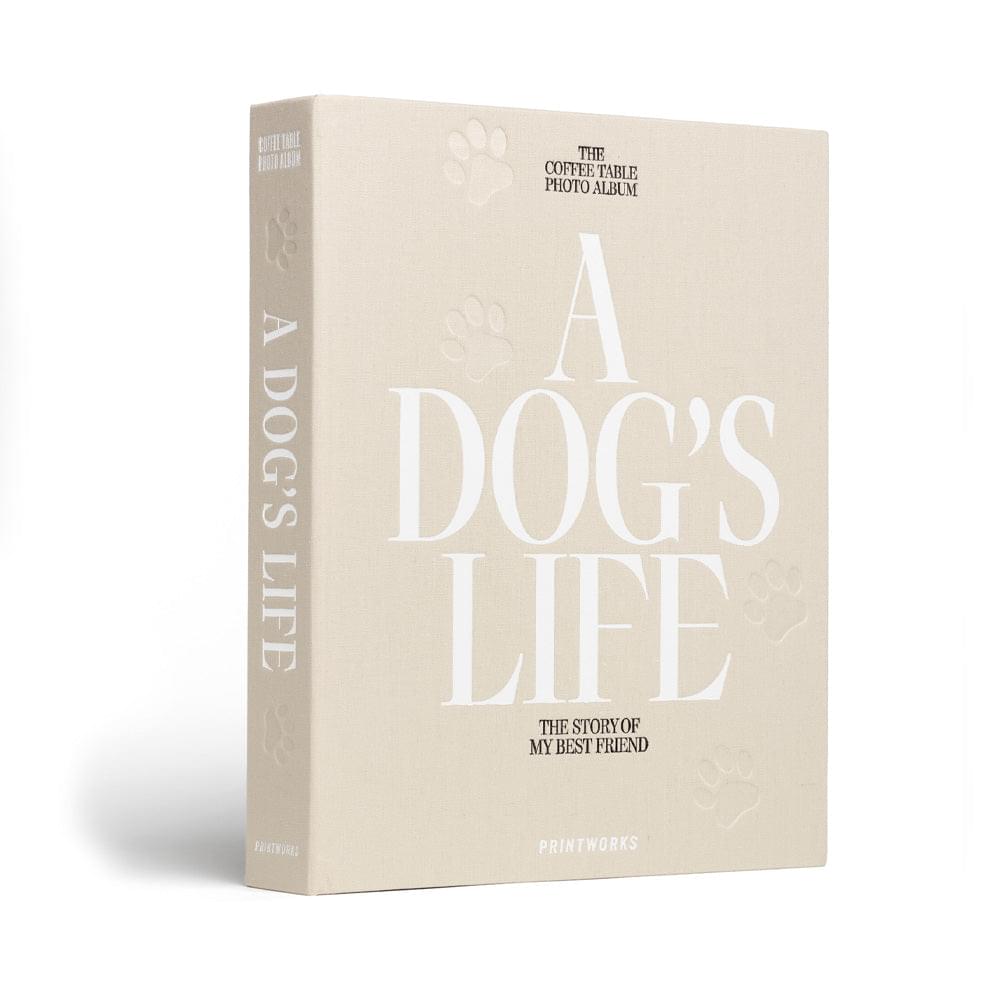 Beige photo album with 'A Dog's Life' spine and paw print cover, Printworks