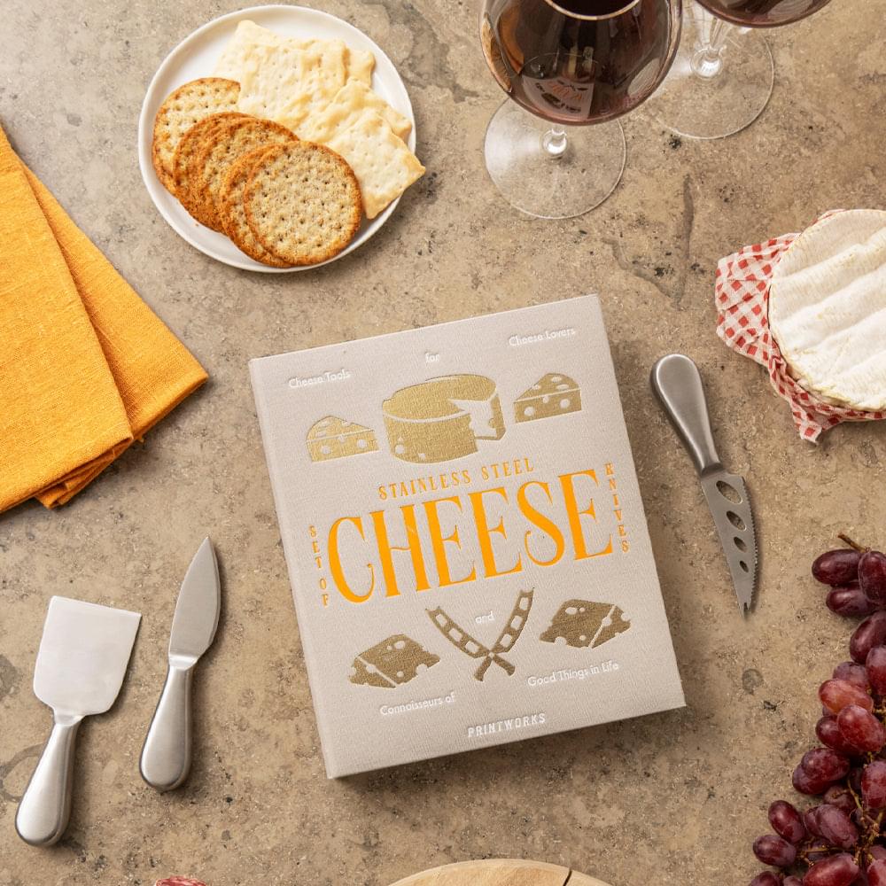 Stainless steel cheese tools set with cheese board and serving knives