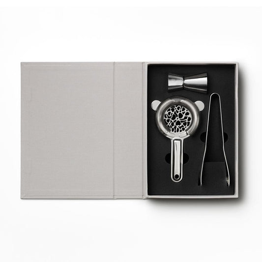 Open grey cocktail tools gift set with stainless steel strainer and utensils