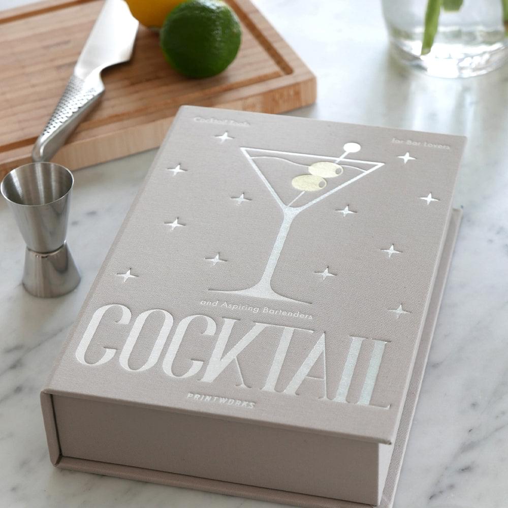 Grey cocktail tools box with martini design and COCKTAIL lettering