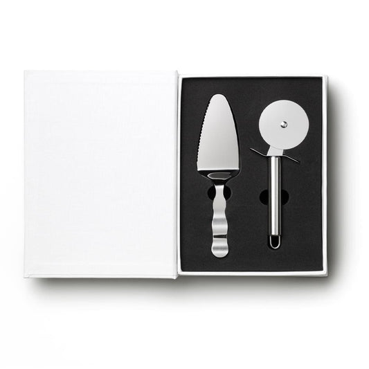 Stainless steel pizza tools in box: pizza knife and round cutter wheel