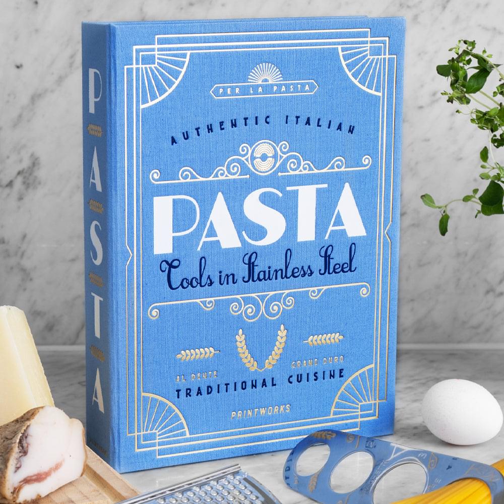 Blue pasta tool set box with Pasta label and partial stainless utensils