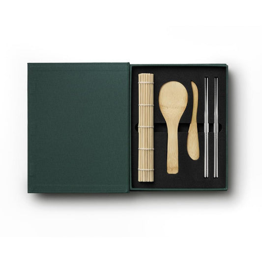 Sushi tools set in open dark green box with wooden spoons and stainless chopsticks