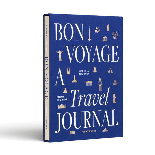 Blue travel journal with “Bon Voyage” title, landmark icons, and “Travel Journal” text