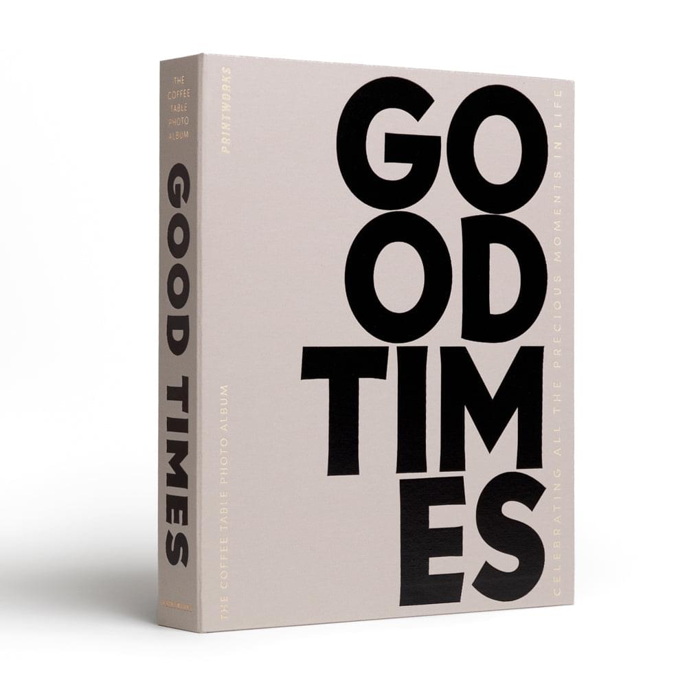 Printworks grey photo album with bold black “GOOD TIMES” title on cover