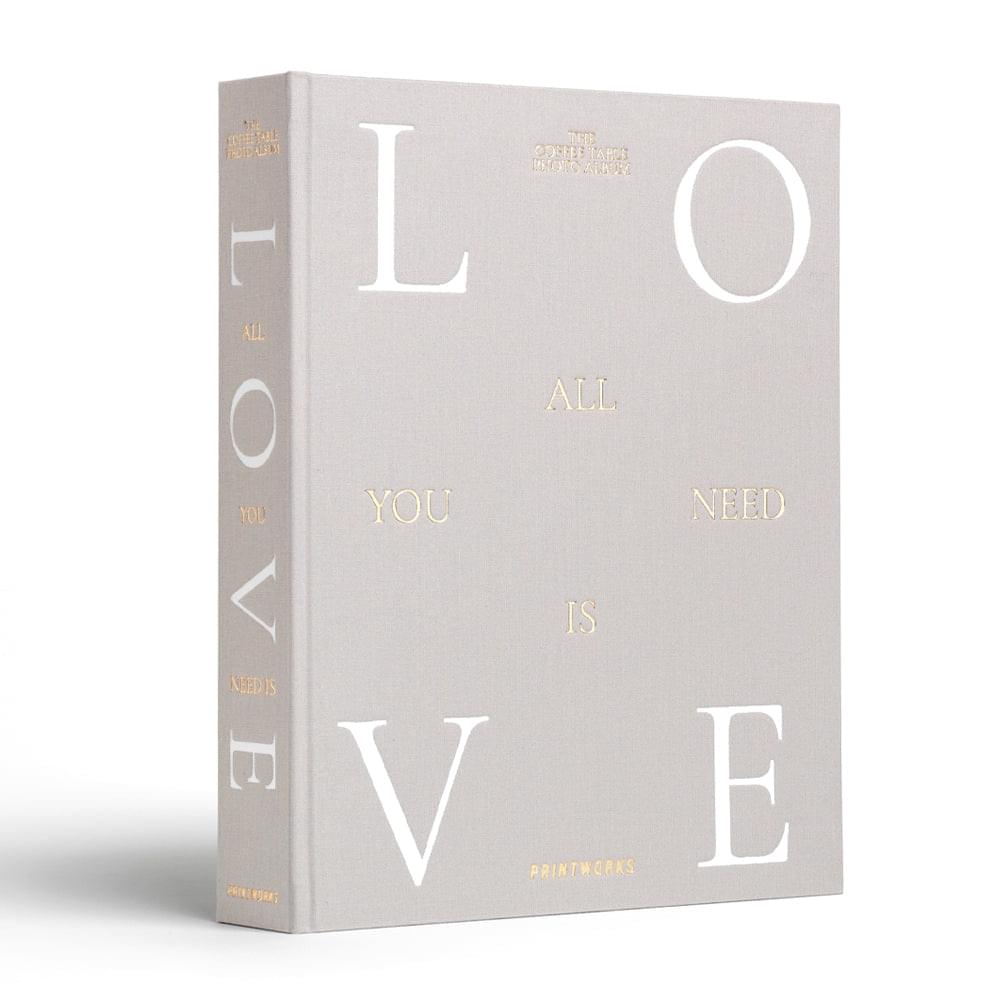 Grey photo album with typographic LOVE letters on the front cover