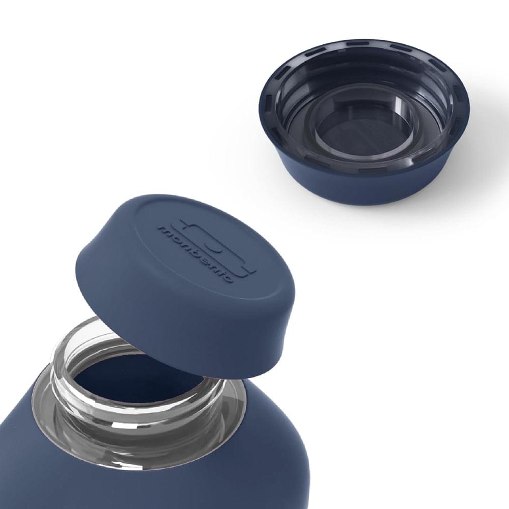 Reusable water bottle cap and opening, dark blue lid with seal