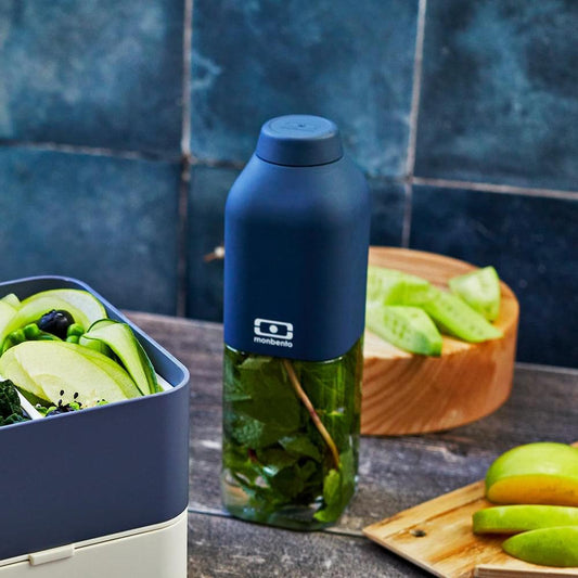 Reusable water bottle, dark blue body with sealed cap and clear lower section
