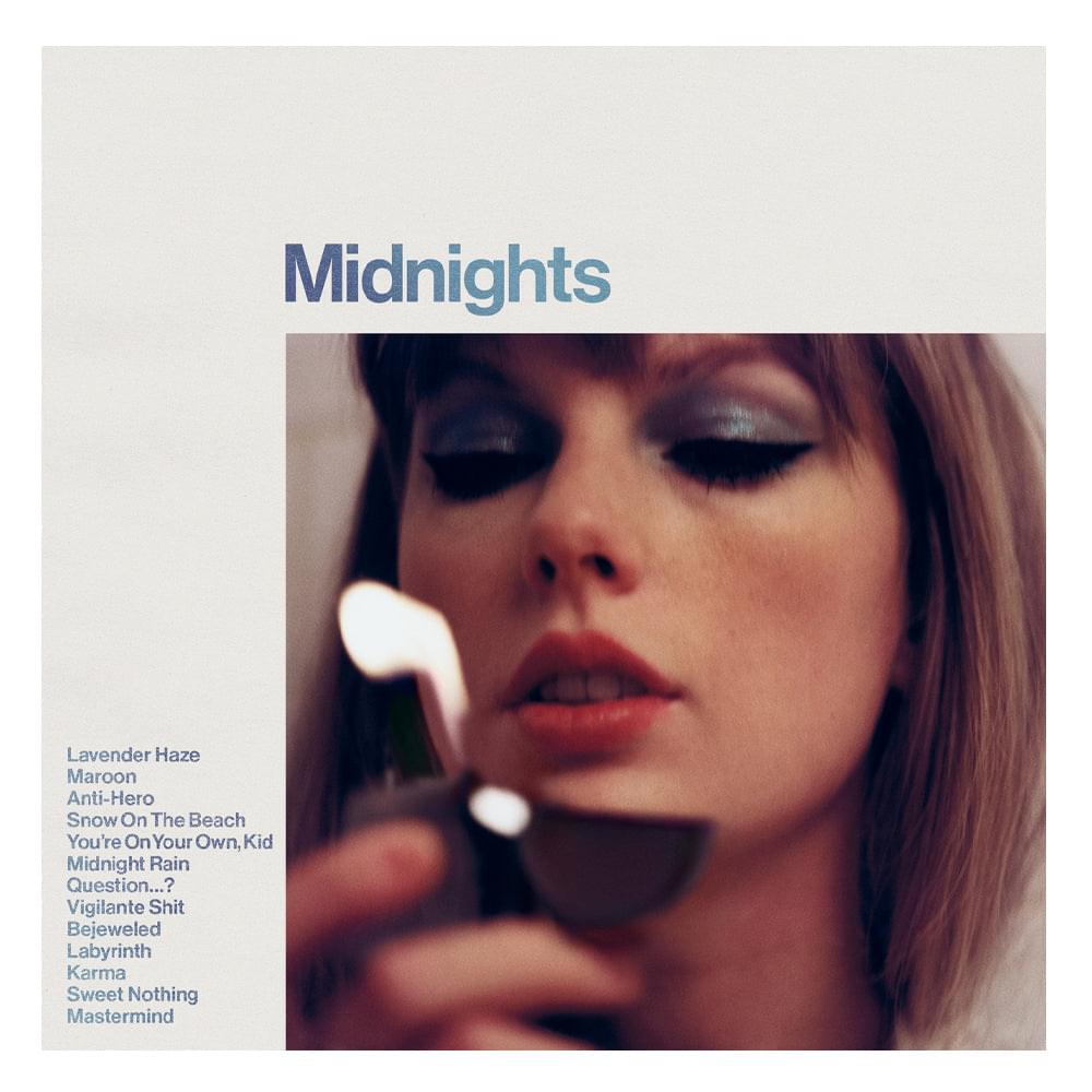 Vinyl album cover with portrait of a woman and title 'Midnights'