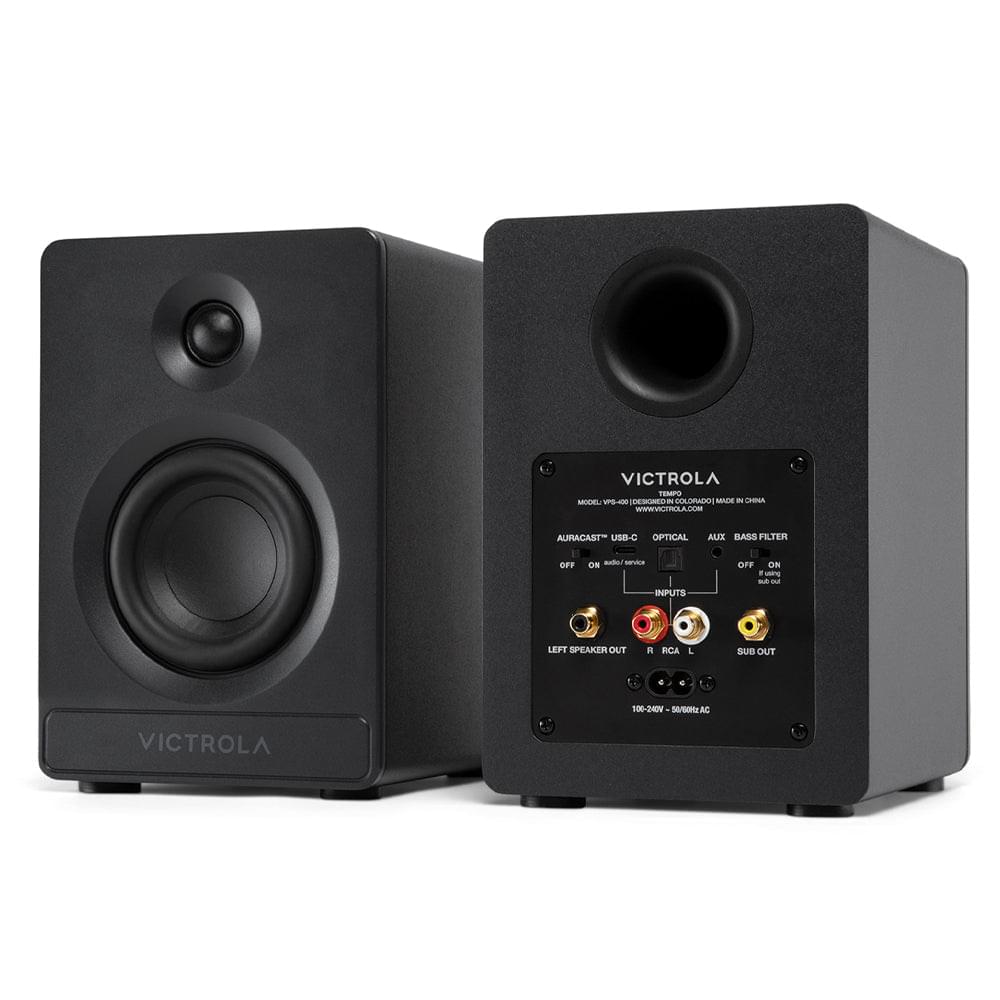 Black bookshelf speaker pair with rear connection panel and front woofer