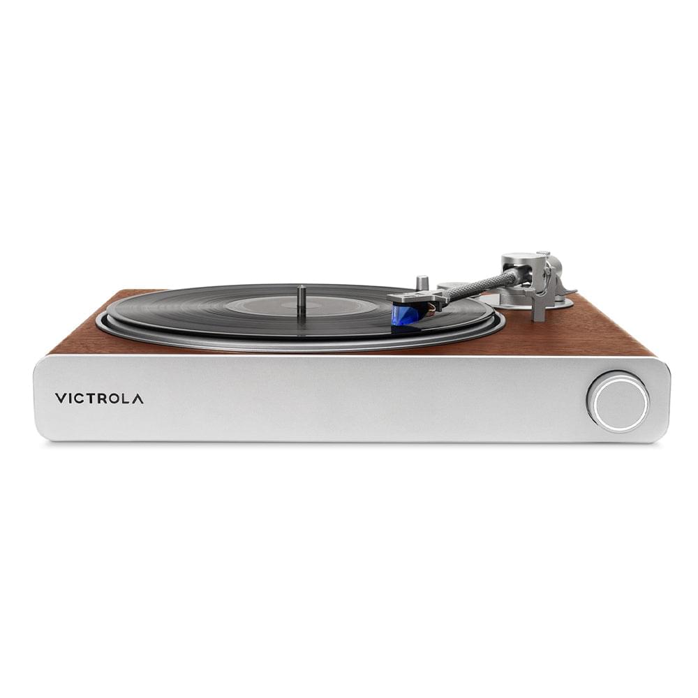 Victrola Stream Sapphire turntable front view with walnut top and white base
