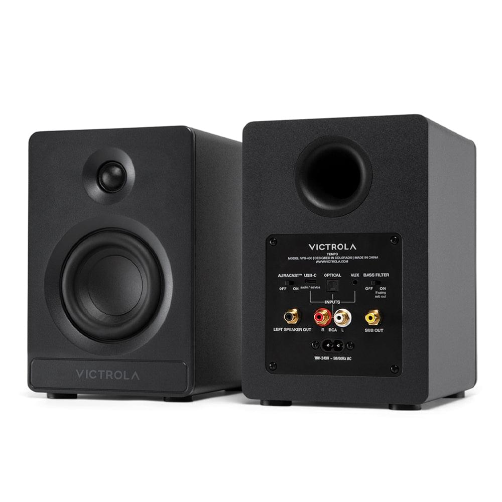 Pair of black bookshelf speakers with rear input panel and volume controls
