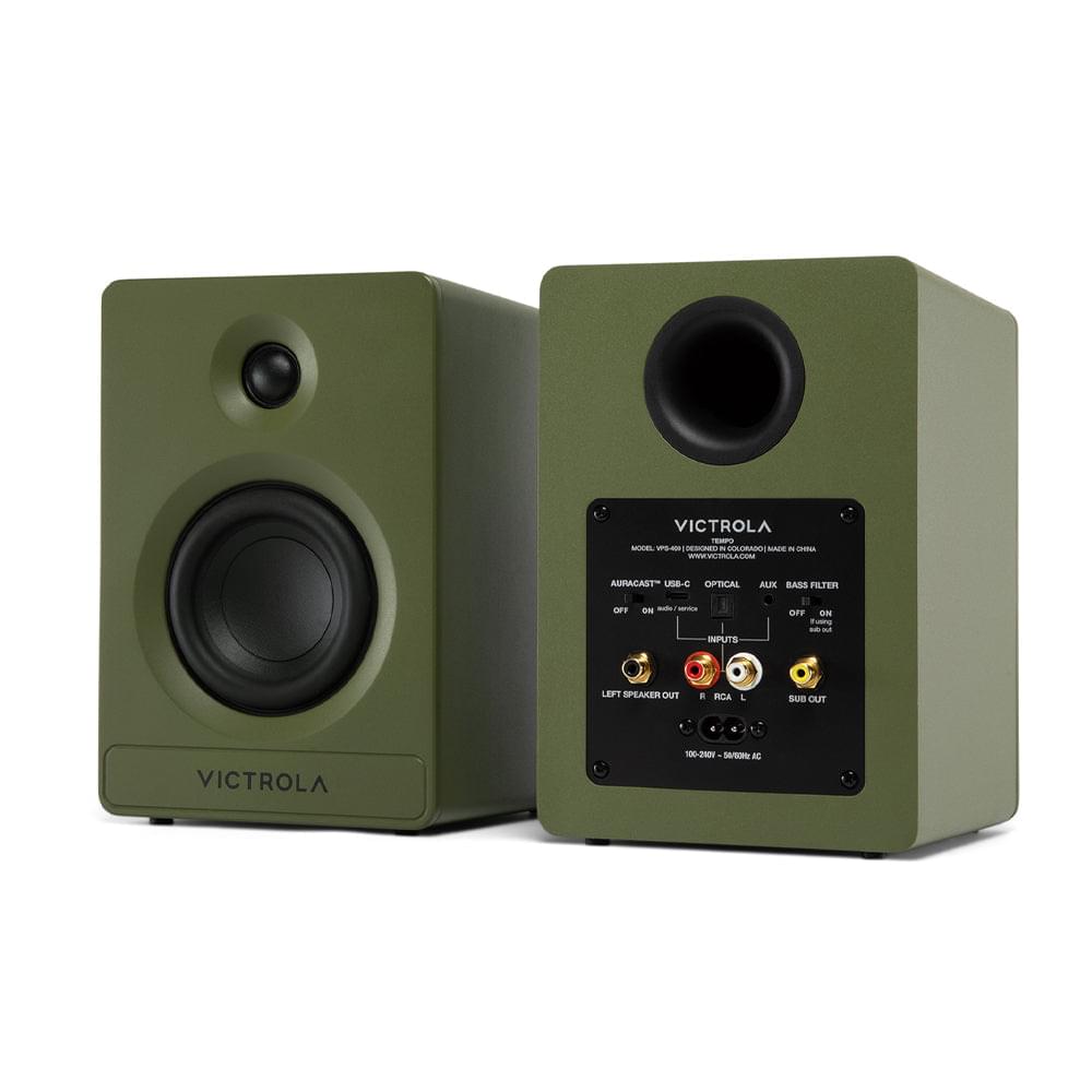 Pair of green bookshelf speakers with rear input panel and ports