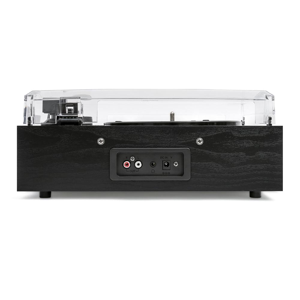 Black turntable with rear input panel, RCA ports, and red/black controls