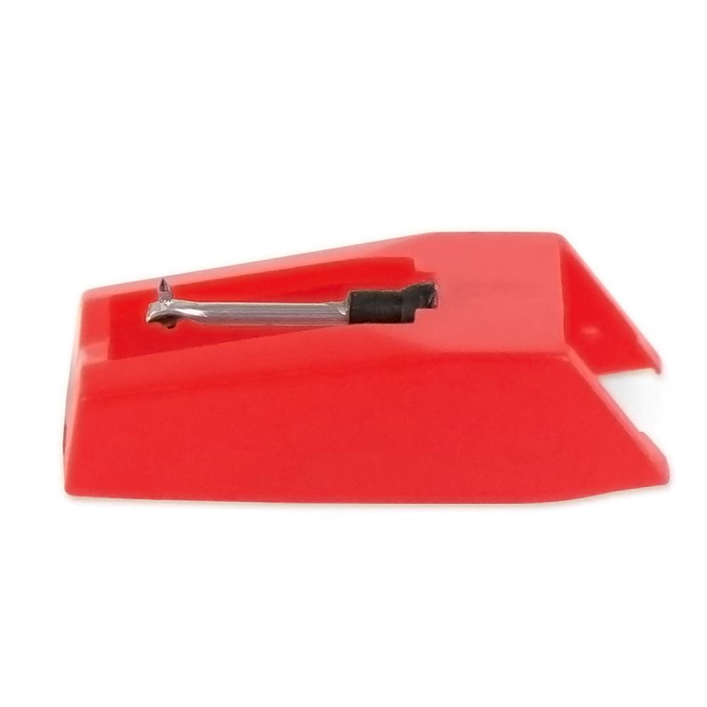 Red turntable replacement needle cartridge with metal stylus and mounting clip
