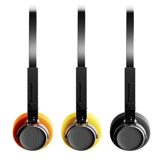 Retro over-ear headset in orange, yellow, and black, each with gray mesh grille