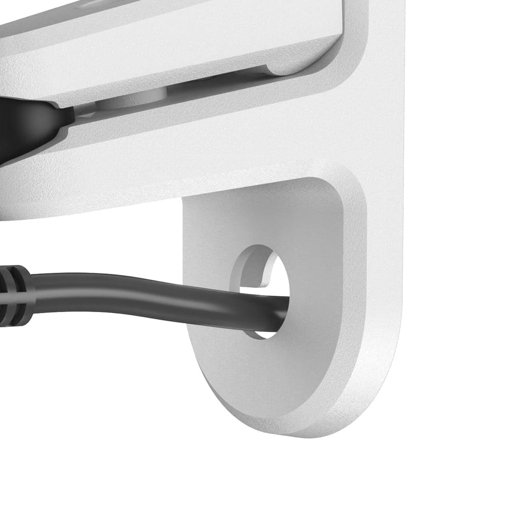 White wall mount bracket arm with cable guide opening, close-up detail