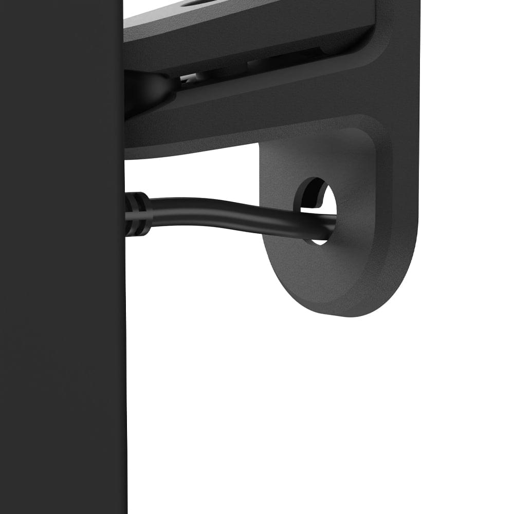 Black wall mount bracket detail with curved base and support bar opening