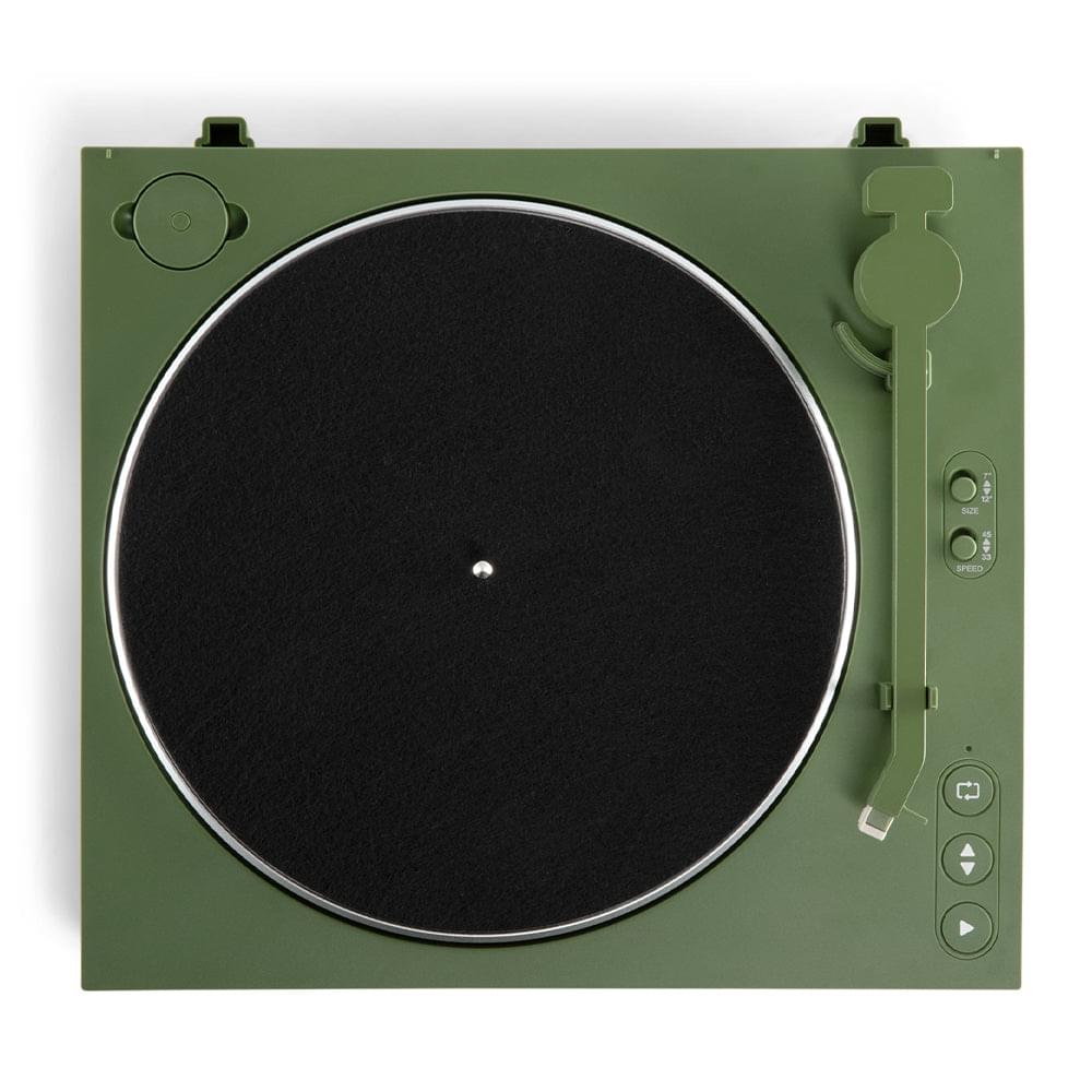 Victrola green automatic turntable top view with black record platter