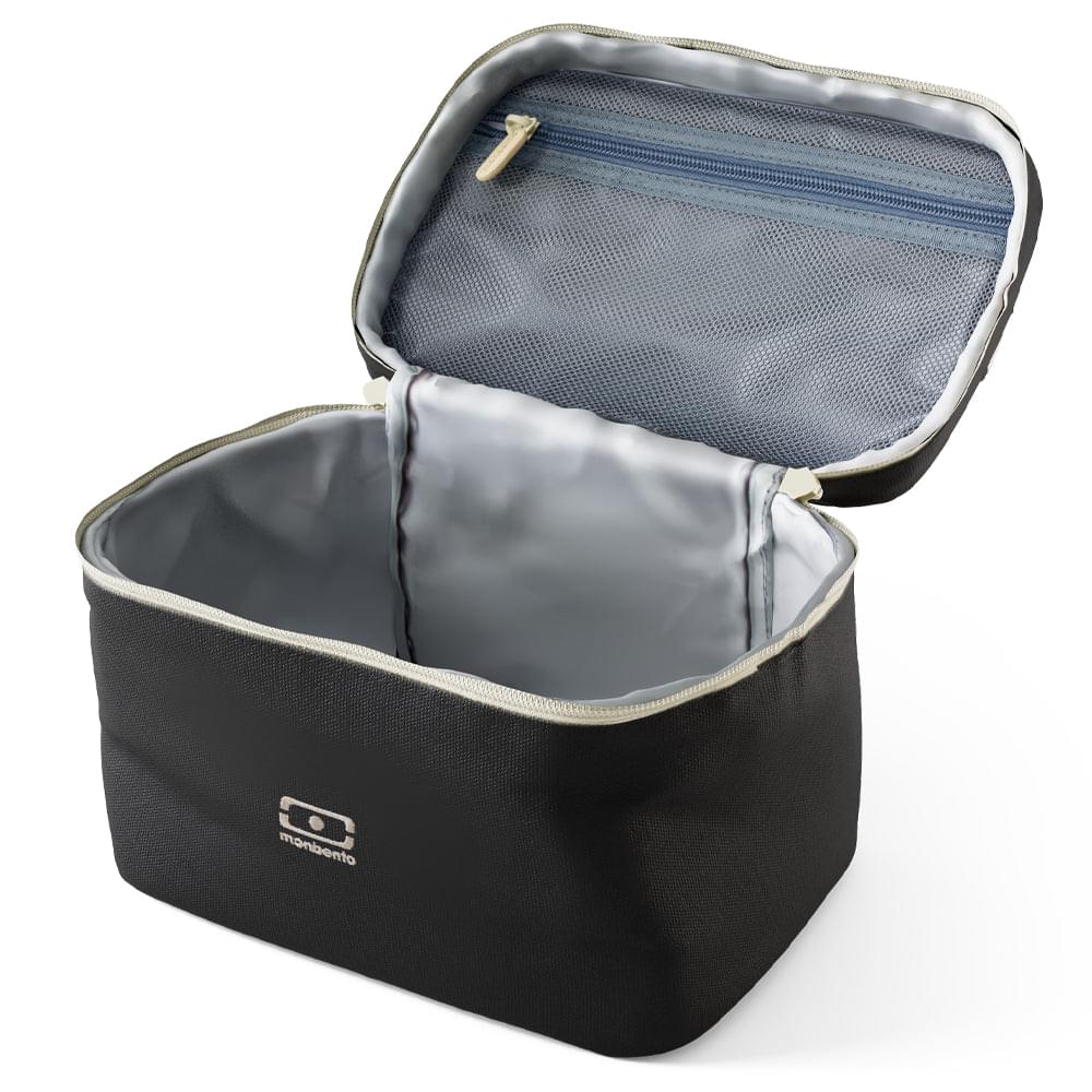 Black insulated lunch cooler bag open, showing gray interior lining and mesh top pocket
