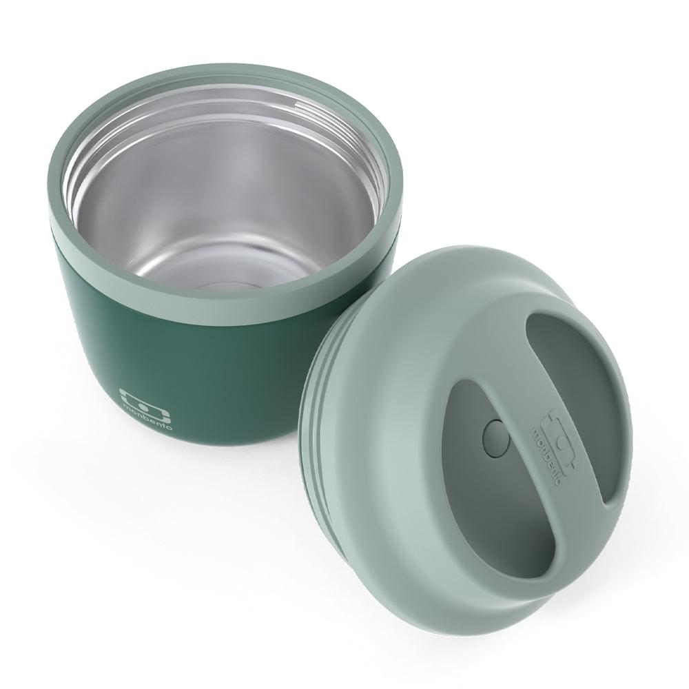 Insulated bento box in green with stainless inner pot and light lid, lid off