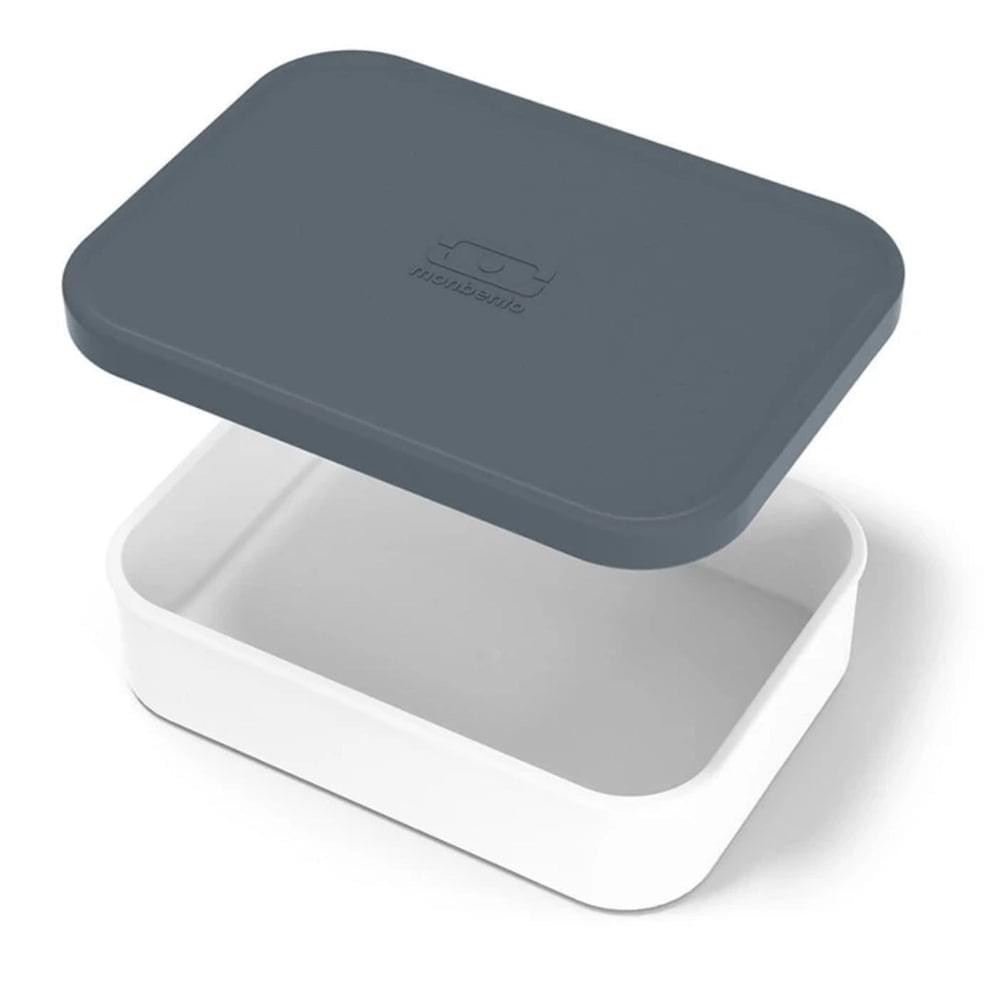 Bento container with dark grey-blue lid and white base