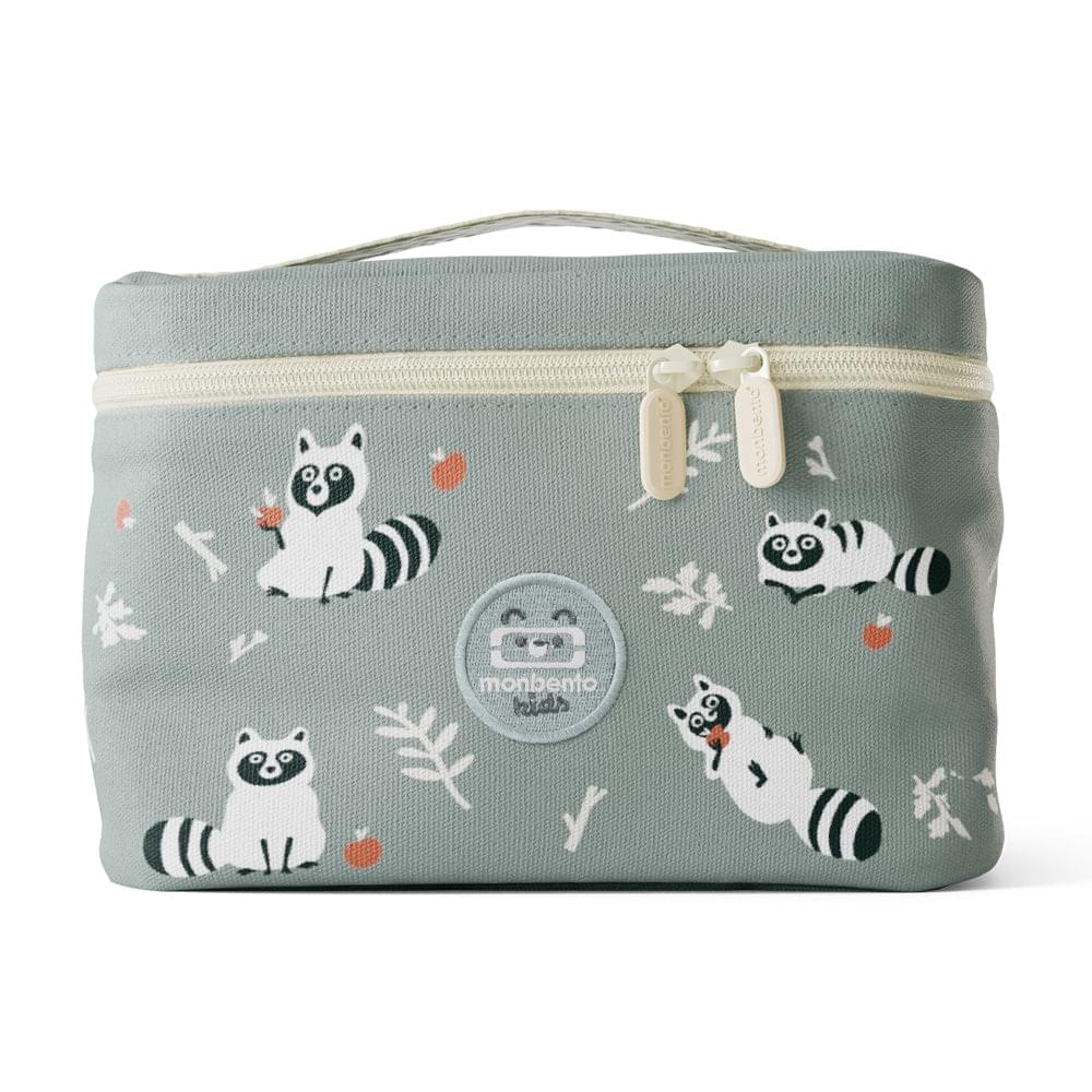 Insulated kids lunch bag, sage green with raccoon pattern and front logo patch, zipped